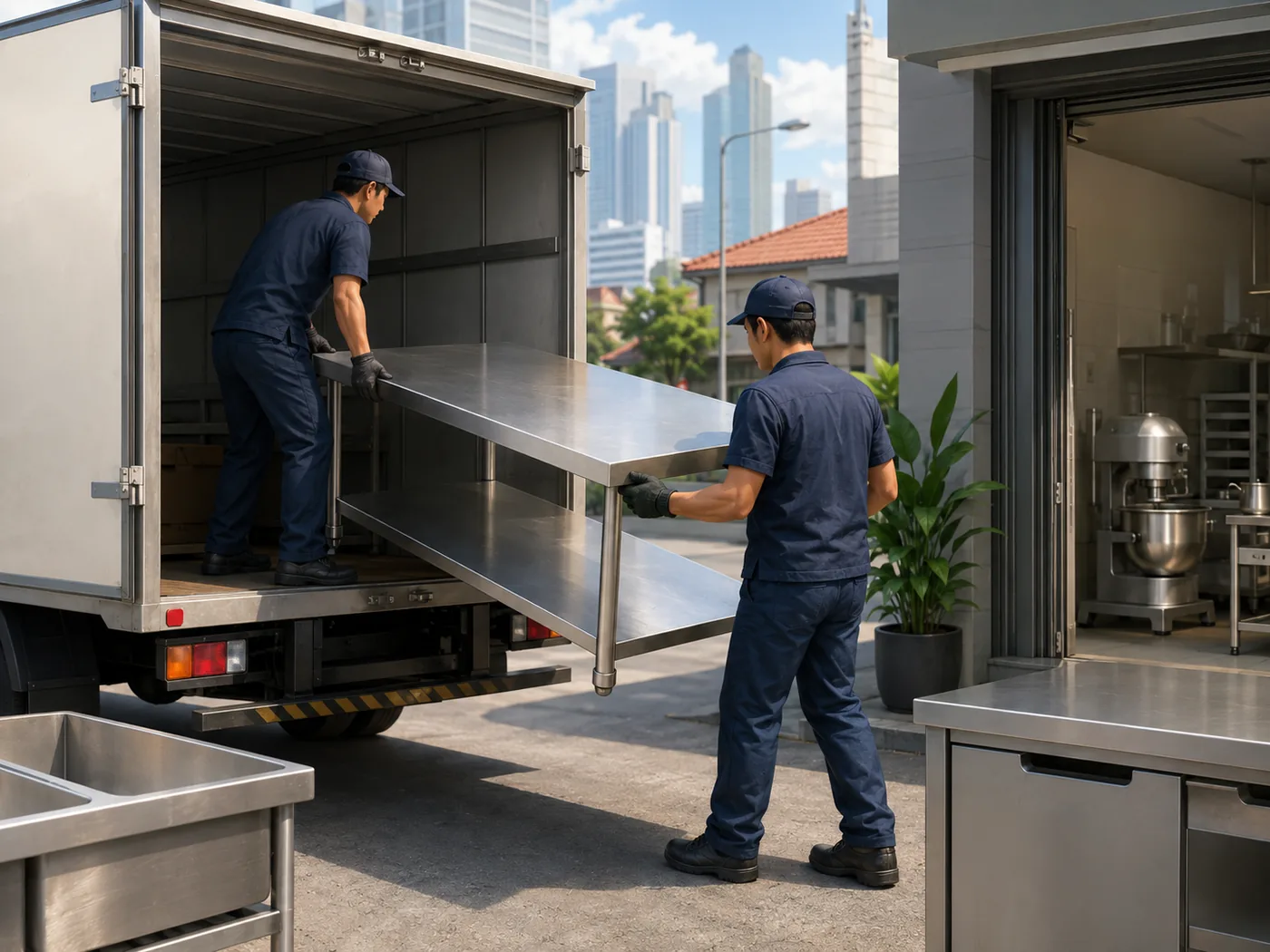 Proses bongkar peralatan restoran dan pemindahan kitchen equipment